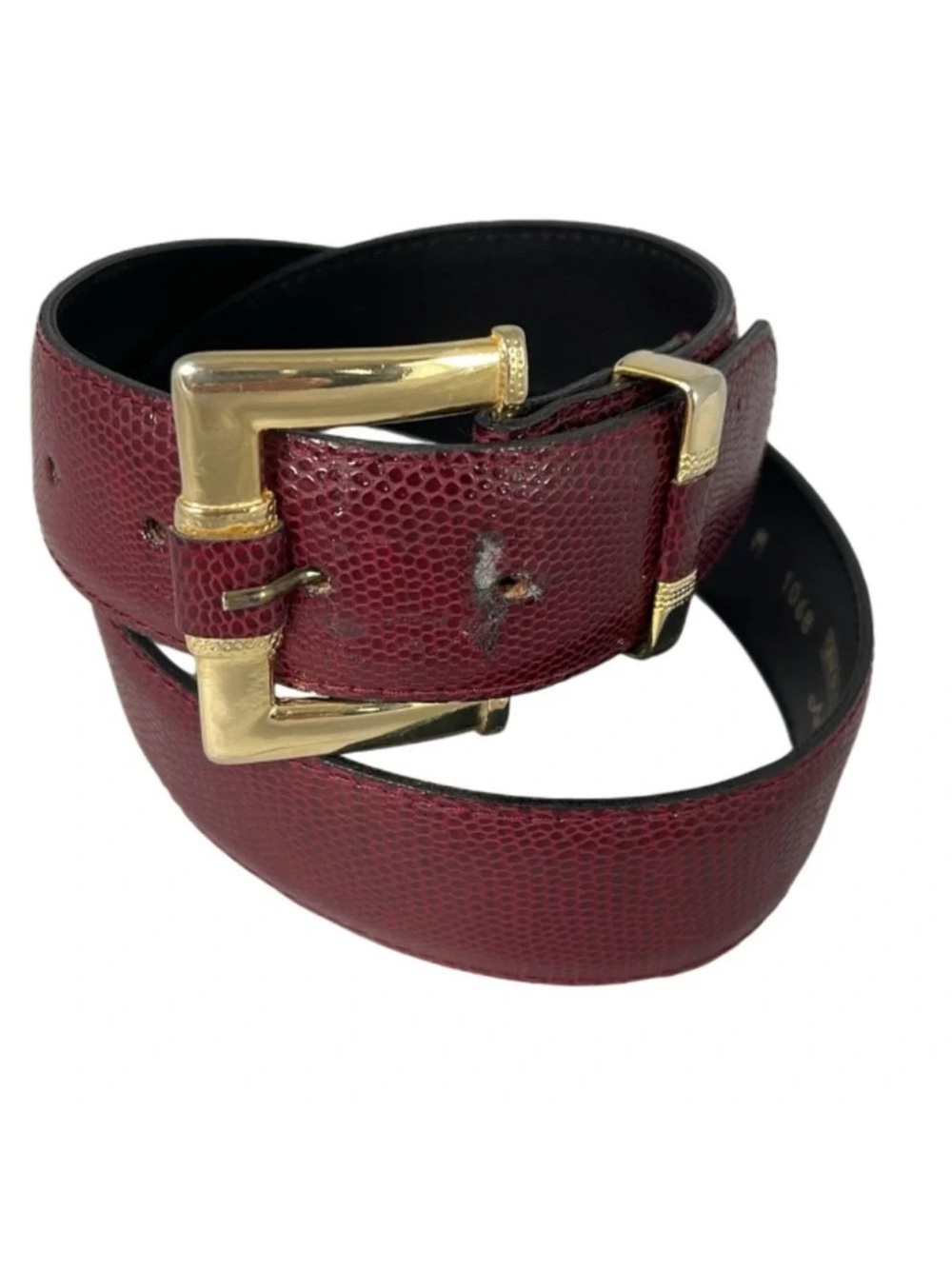 VINTAGE 90’s Simon Chang Reptile Embossed Belt Burgundy Gold Buckle Leather M